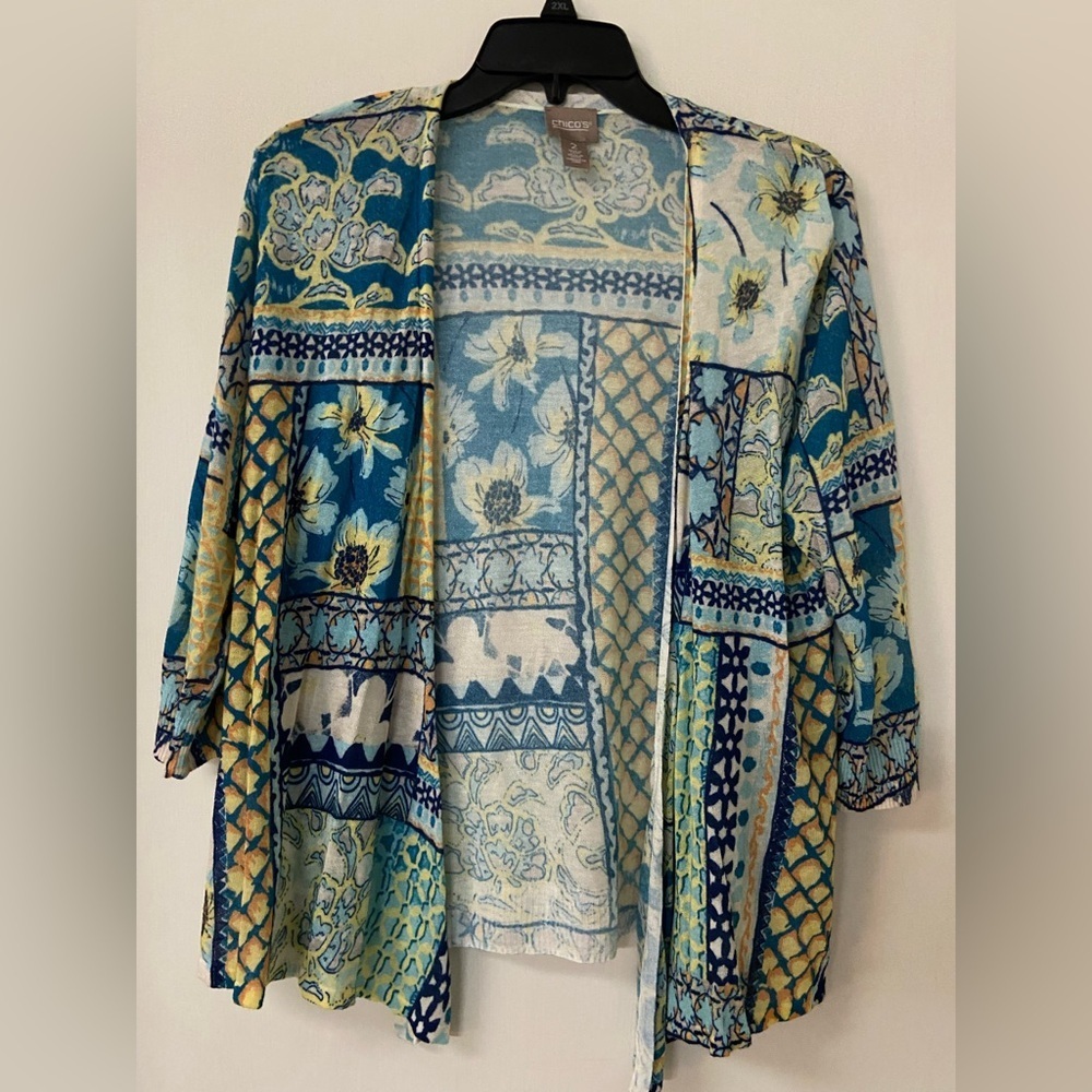 Chico's multi-print patchwork kimono-style Cardigan Sz 2 Large 12/14